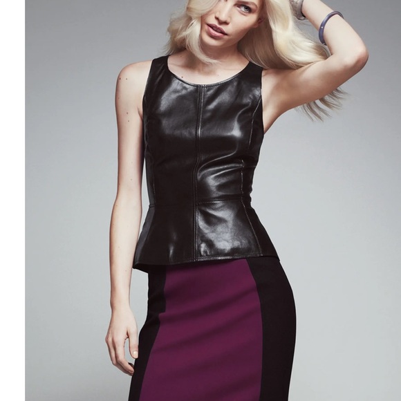 Halogen black leather front knit top blouse peplum fitted - Picture 2 of 13